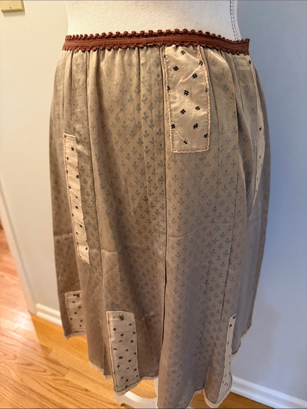 Neutral Beige Patchwork A-Line Silk Skirt